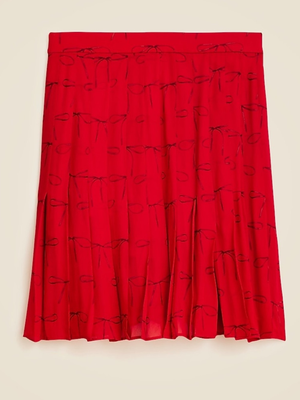 J. Crew Knee Length Red Viscose Pleated Skirt with Black Bow Print